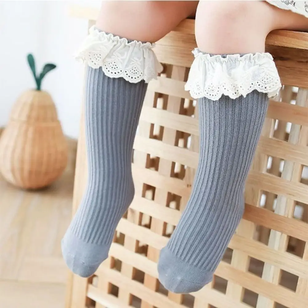 5Pairs Ruffled Edge Baby Calf Socks Baby Long Tube Stripe Infant Cotton Stockings Cotton Lace Trim Cartoon Above Knee Socks