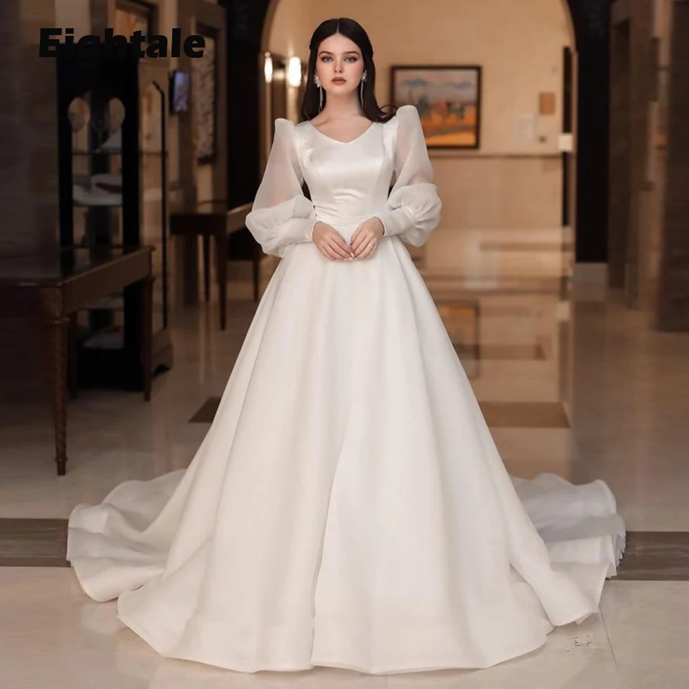 Eighale Arabic Wedding Dresses Long Puffy Sleeves A-Line V-Neck Princess Simple White Ivory Customized Bridal Gowns de