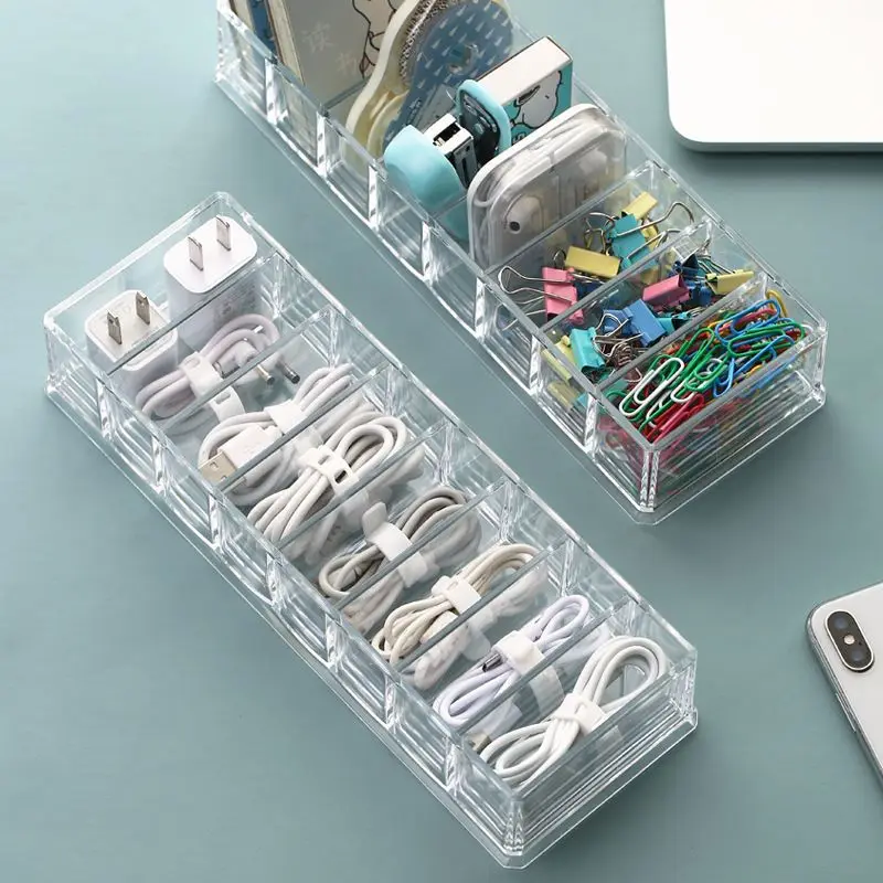 

1pc Transparent Plastic 7Grids Desktop Data Cable Storage Box MobilePhone Charger Charging Cable Finishing Box Divided Grid Box