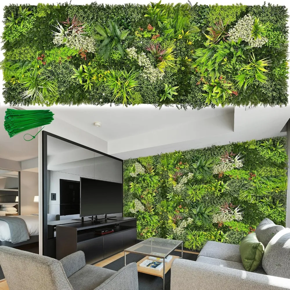 Paneles de pared de plantas artificiales 3D: 60x20/40x120UV-Anti hierba falsa pared telón de fondo boj valla de hiedra pantalla de privacidad hoja verde falsa