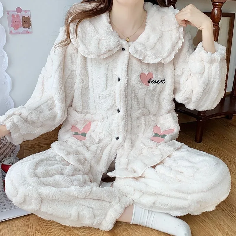 2024 neue Herbst Winter Pyjama Frauen Koralle Samt Lounge wear Verdickung Plüsch warme Nachtwäsche Langarm Flanell Homewear Anzug