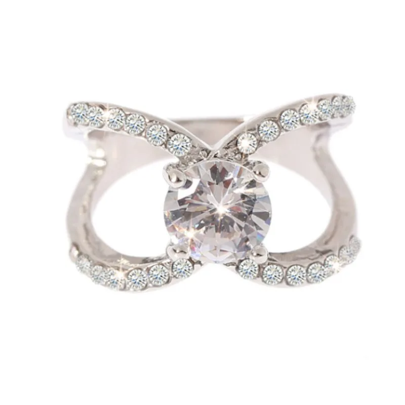 Jianjie Light Luxury Women’s Sparking Cubic Zirconia Shining Rings Wedding Cross Dazzling Ring Jewelry Accessories Trend