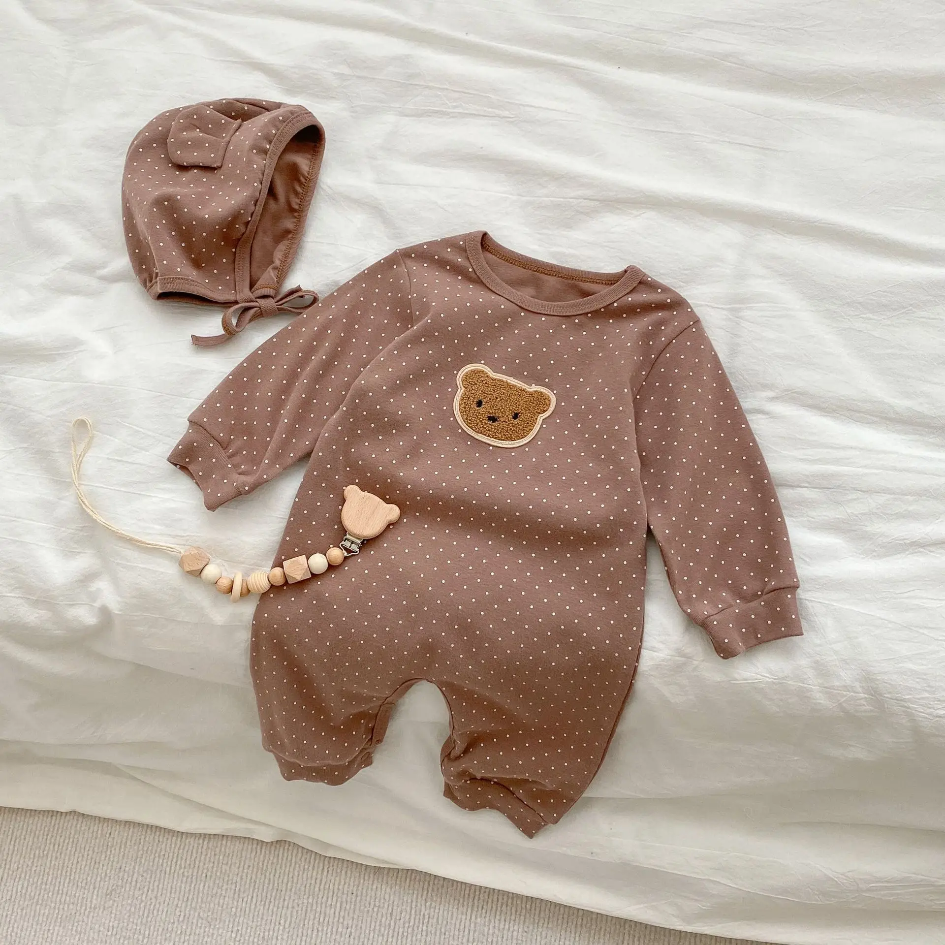 2023 Autumn Newborn Baby Boys 2pcs Clothing Set Full Sleeve Dot Bear 1piece Jumpsuit Matching Hat Infant Kids Cozy Cotton Romper