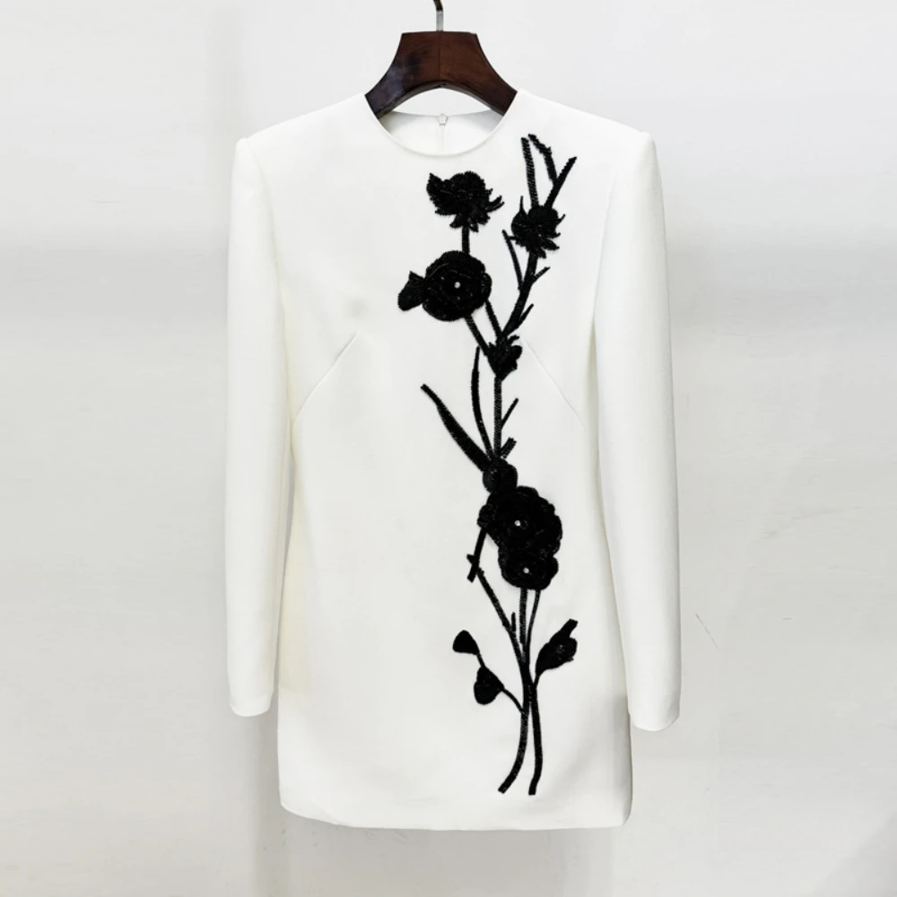 

2024 Early Autumn New Fashion Heavy Beaded 3D Rose Flower Long Sleeve office pencil mini Dress Cocktail Dress