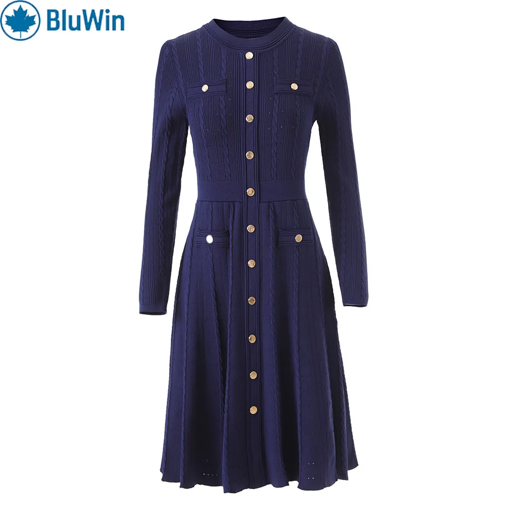 

BluWin Dark Blue Elegant Sweater Dress Crew Neck, Button-Through High-Waist A-Line Long Sleeve Chic Work Party Outfit