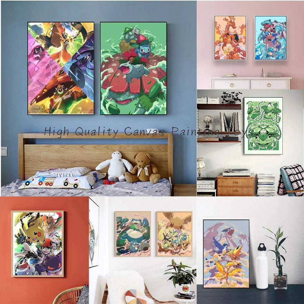 Pokemon Anime Peripheral Poster Decor Pikachu Charizard Transform Take Photos Wall Art Canvas Painting Modern Room Decor Picture