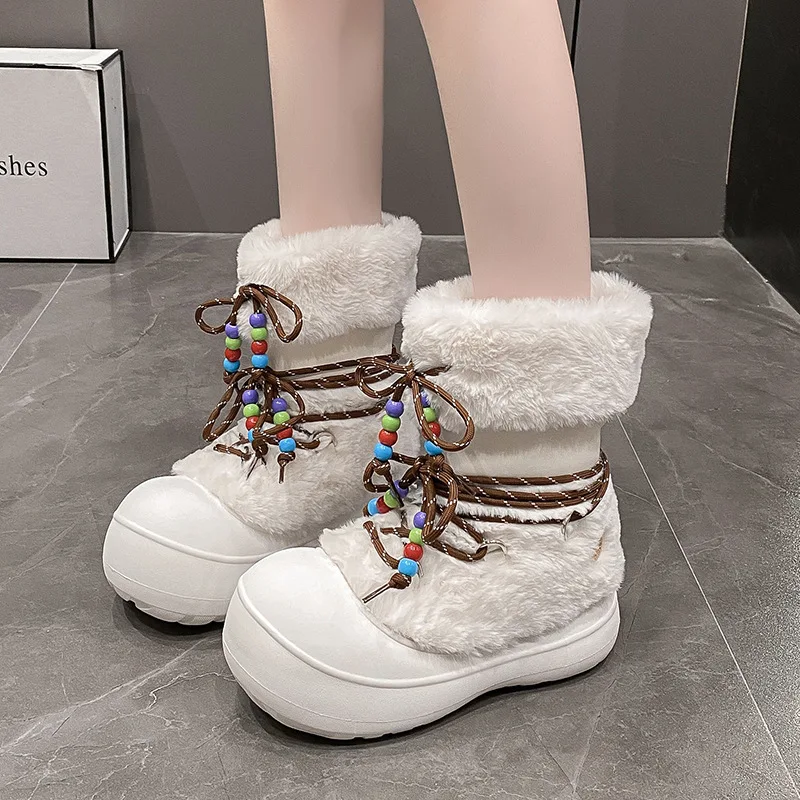 

Winter Snow Boots for Women Plush Lined Platform Sole Short Tube Ugly Cute White Furry Boots Non-Slip