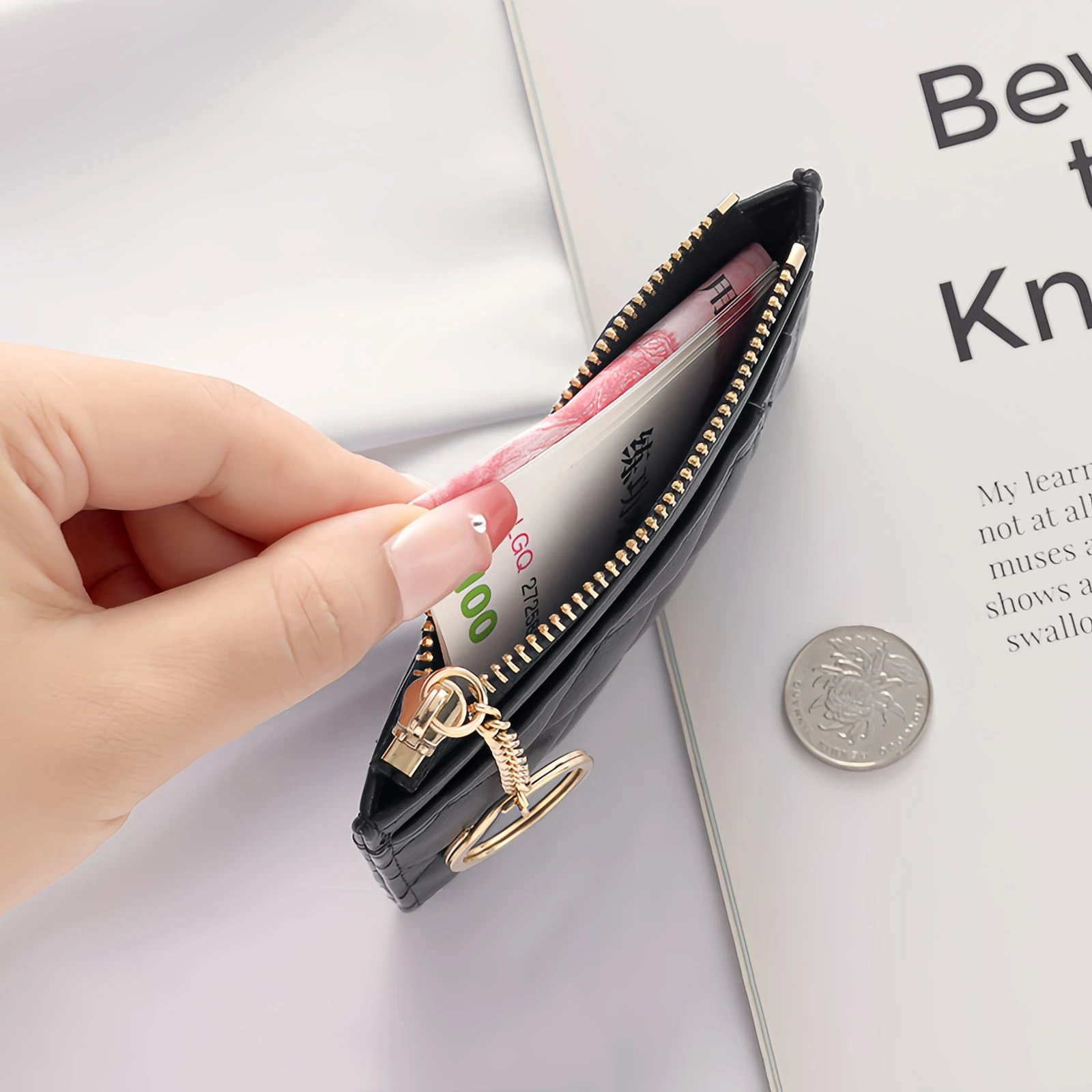 Gewatteerde minimalistische ringui mini-portemonnee - ID-tas met meerdere kaartsleuven en ID-houder, portemonnee met ritssluiting, kunstleer-tan