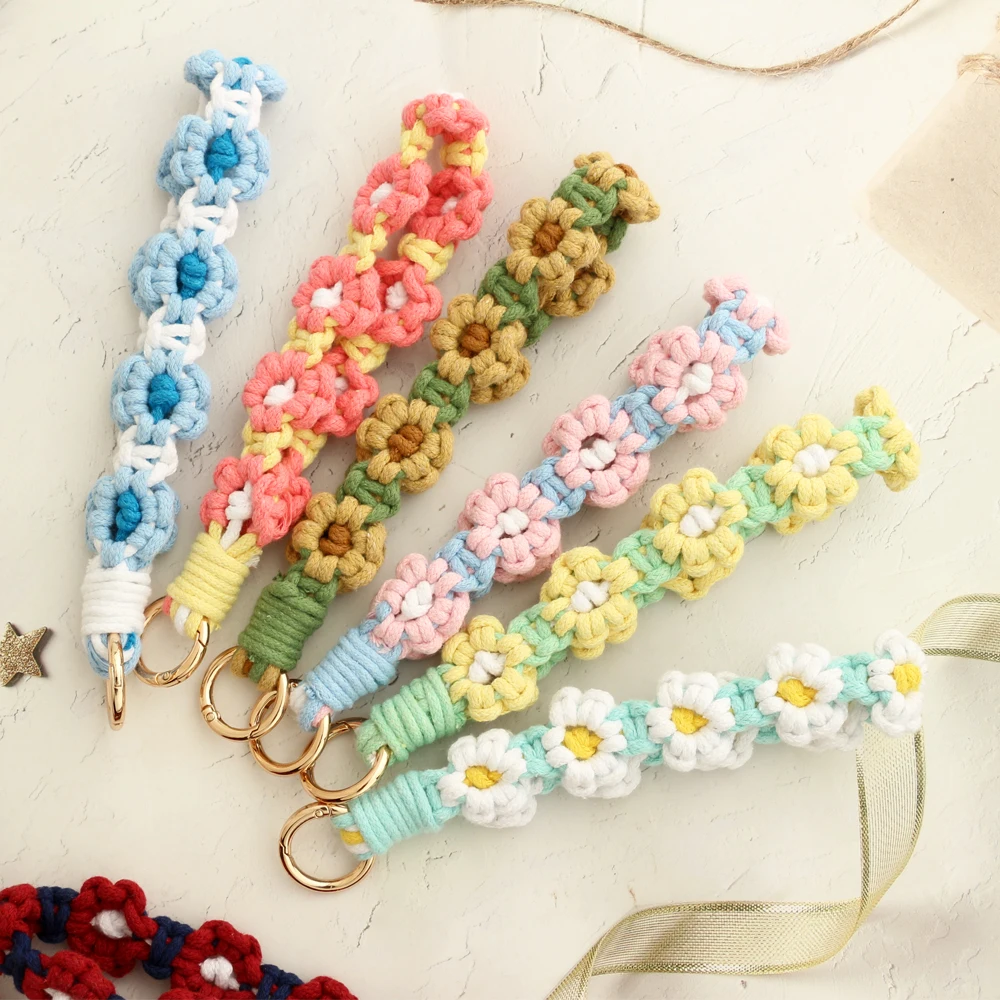 Wristlet Keychain for Women Girl Bohemian Handmade Little Daisy Key chain Spring Coil Braided Wrist Strap Key Ring