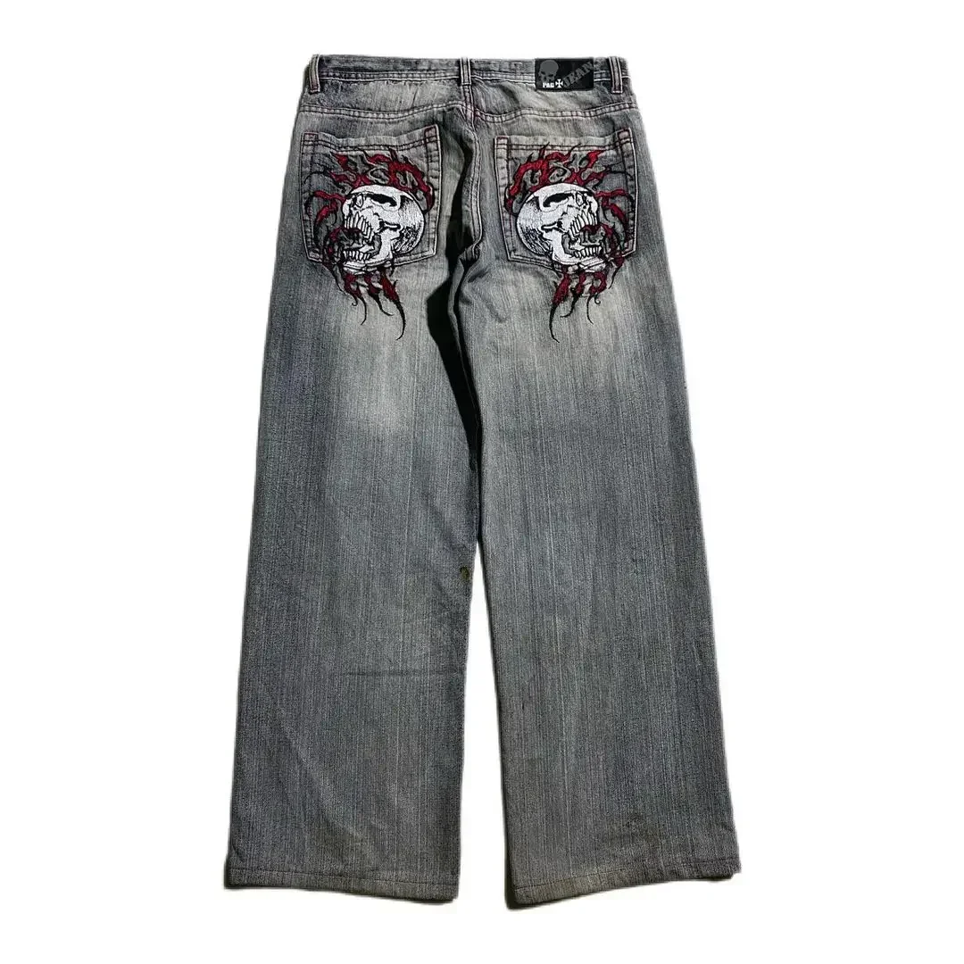 

Y2K Goth Style Skull Embroidery Jeans Men Streetwear Hip Hop Wash Loose Harajuku Baggy Casual Oversize High Waist Wide Leg Pants