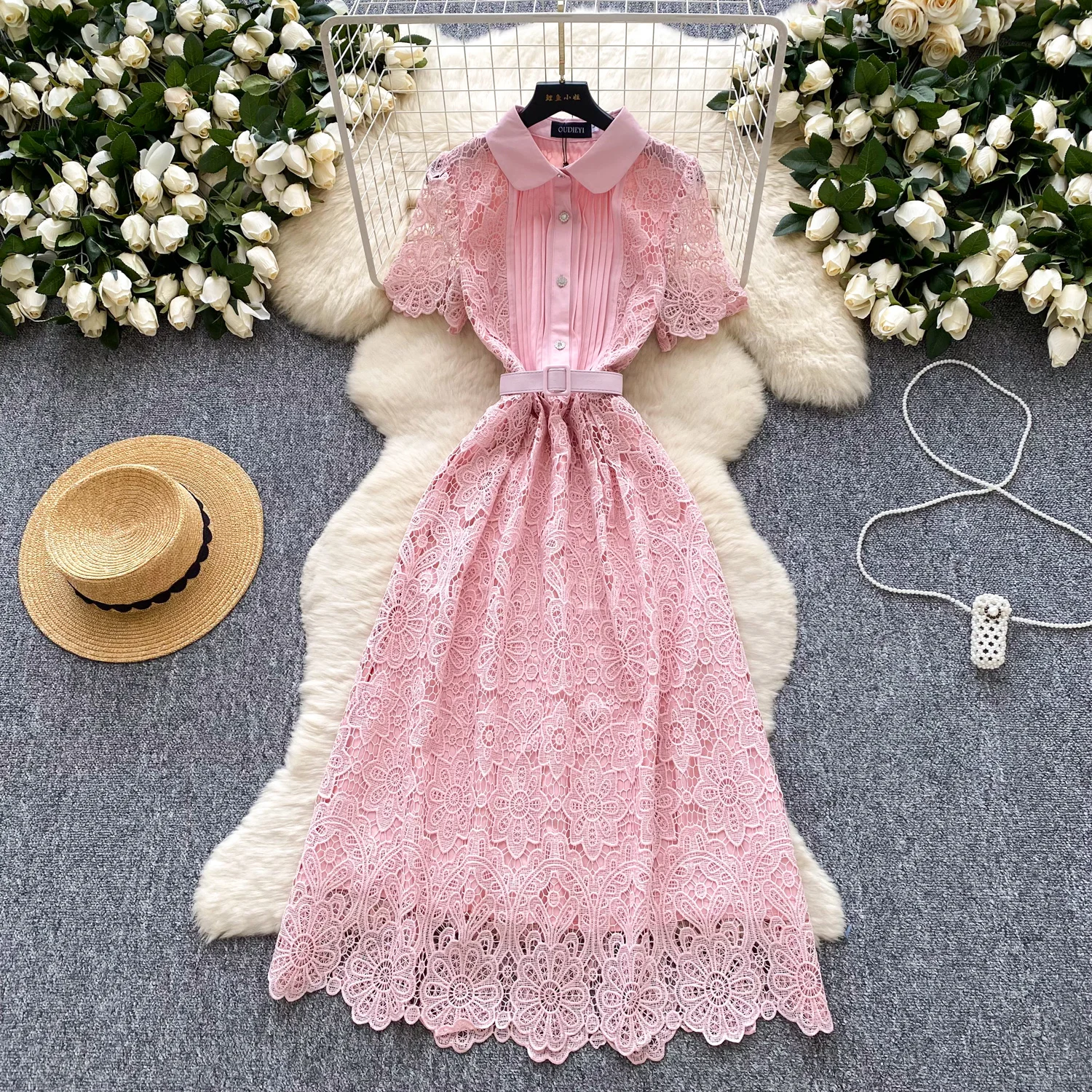 

Sexy Hook flower hollow High Waist Slip Dress Fairy A-line Dress Summer Vacation Vestidos Women Dress