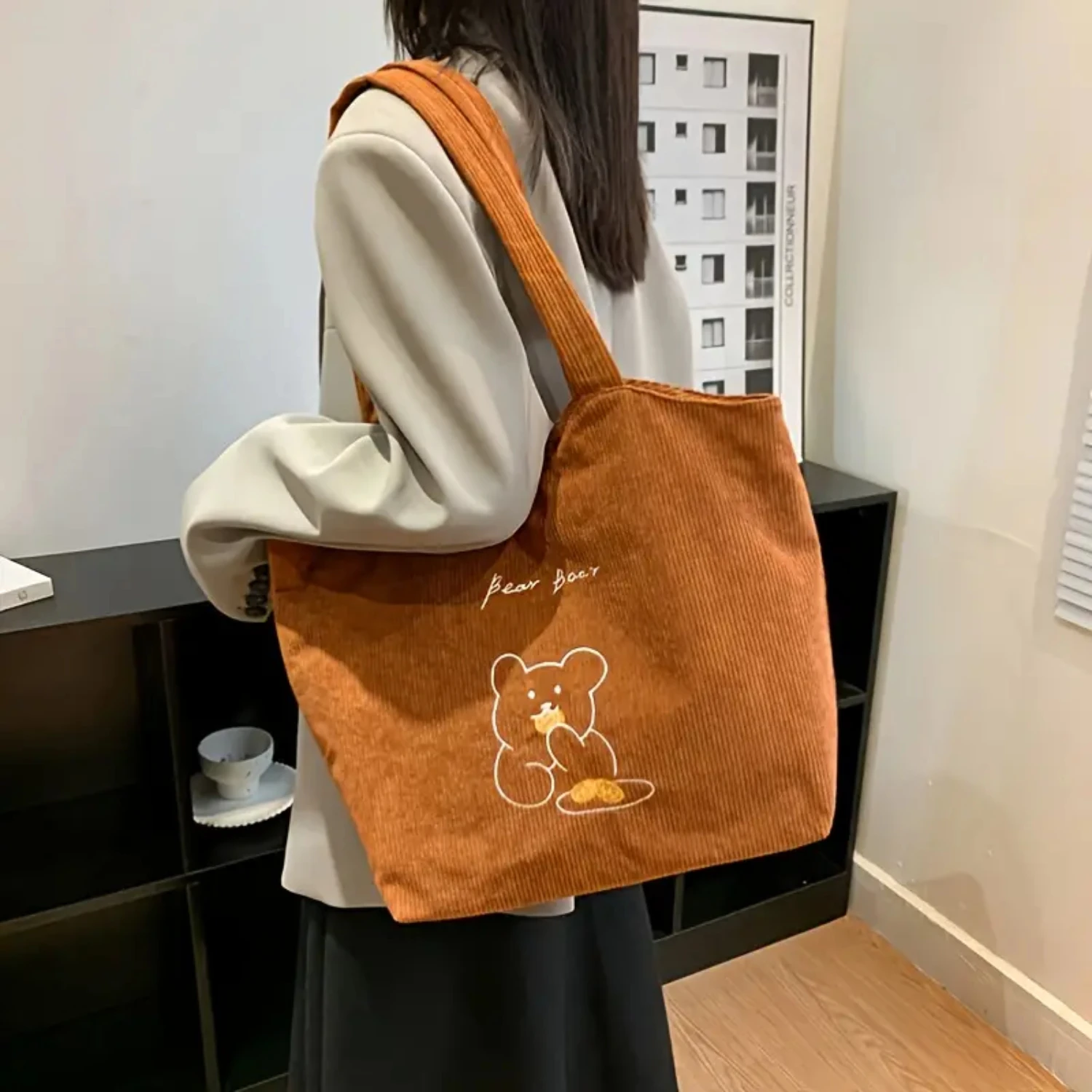 Stylish Womens Large Capacity Corduroy Tote Bag with Cartoon Embroidery & Shoulder Strap - Perfect for Everyday Use and Travel