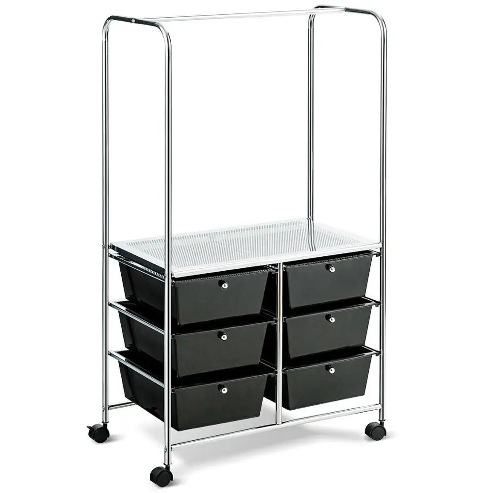 6 Drawer Rolling Storage Cart w/Hanging Bar Office School Organizer