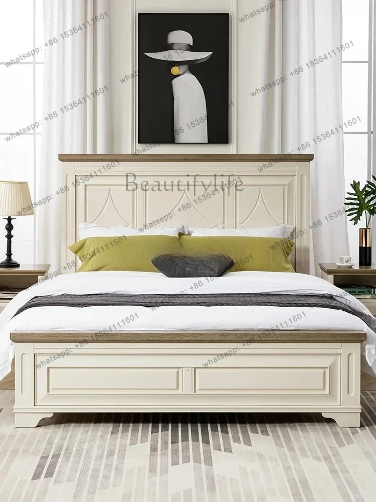 

American pure solid wood bed simple flat head bed French cream wind white, master bedroom furniture high box storage bed