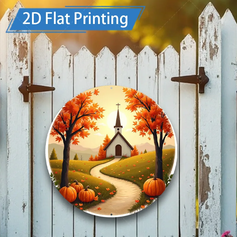 ป้ายโลหะ [2D FLAT] 1 ชิ้น ขนาด 8x8 นิ้ว ลายฉากโบสถ์ฤดูใบไม้ร่วง งานศิลปะตกแต่งผนังโลหะพิมพ์ลายแบบแบน 2D