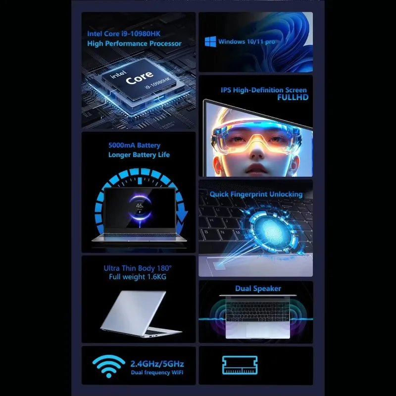15.6' Intel Core I9 10980HK Laptop Computer Windows 16GB RAM 1TB 2TB SSD Notebook PC New Gaming Laptop Computer
