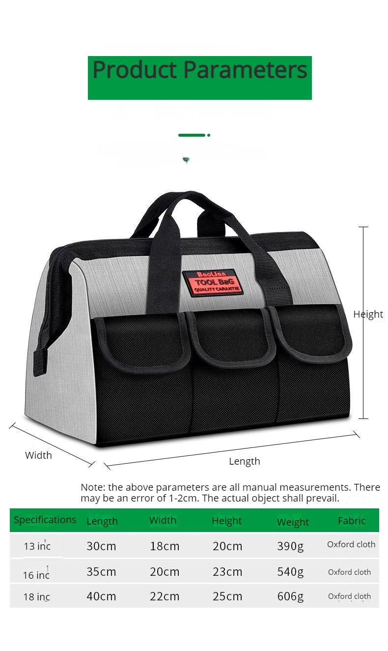 Portátil multifuncional ferramenta sacos, impermeável ferramenta bolsa, armazenamento ferramentas, tamanho 13, 16, 18