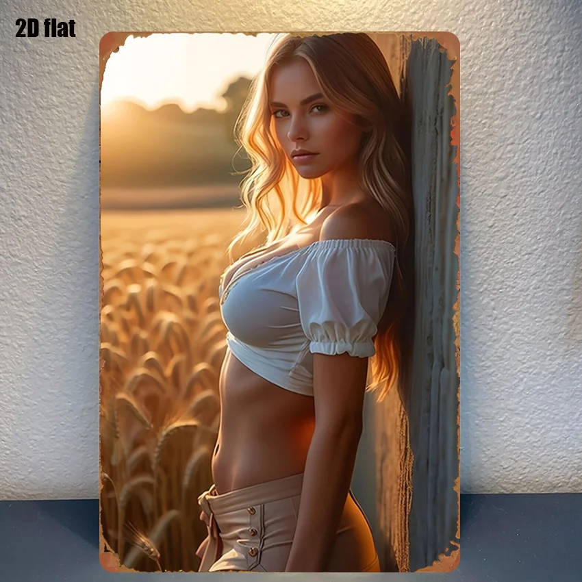 Sunset Wheat Field Blonde Lady Tin Sign 1pc 2D Flat Print 20x30cm Retro Country Style Wall Art For Bar Garage Home Wall Decor