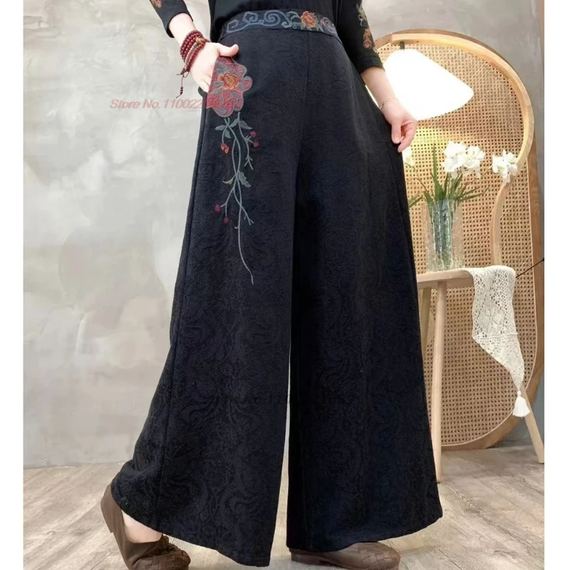 2025 chinese vintage pants retro cotton linen jacquard folk trousers national flower embroidery elastic waist wide leg trousers