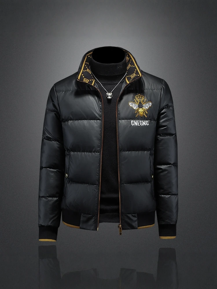 

Мужская зимняя куртка с воротником-стойкой, вышивкой пчелы, термостойкая, теплая, модная, новинка, с глянцевой поверхностью