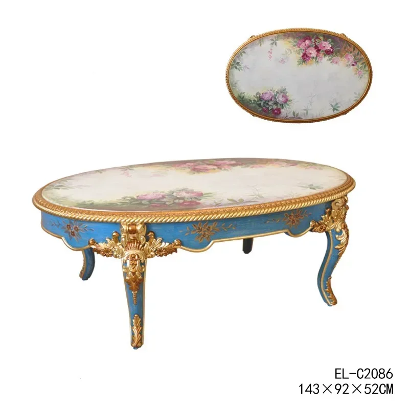 B73 Exquisite Royal Style Solid Wood Carved Luxury Hand-painted Blue Gold  Villa Living Room Coffee Table