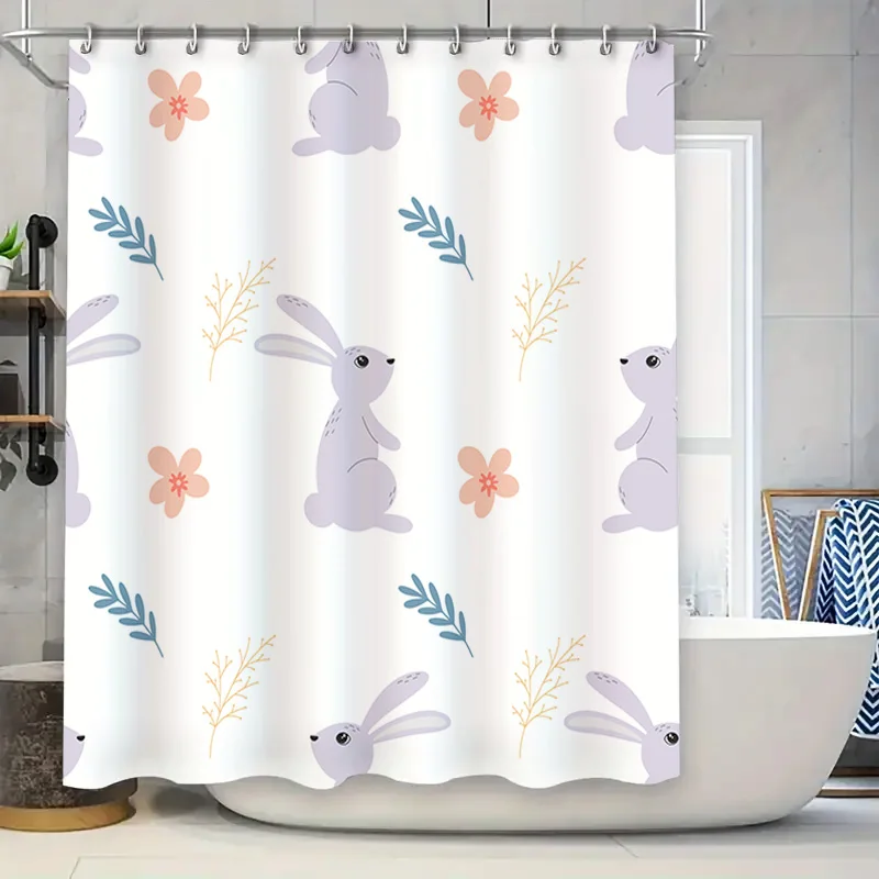 

Стильная занавеска для душа с цветочным рисунком кролика для декора ванной комнаты, белая ткань с рисунком и крючками, размер 72x84 дюйма
