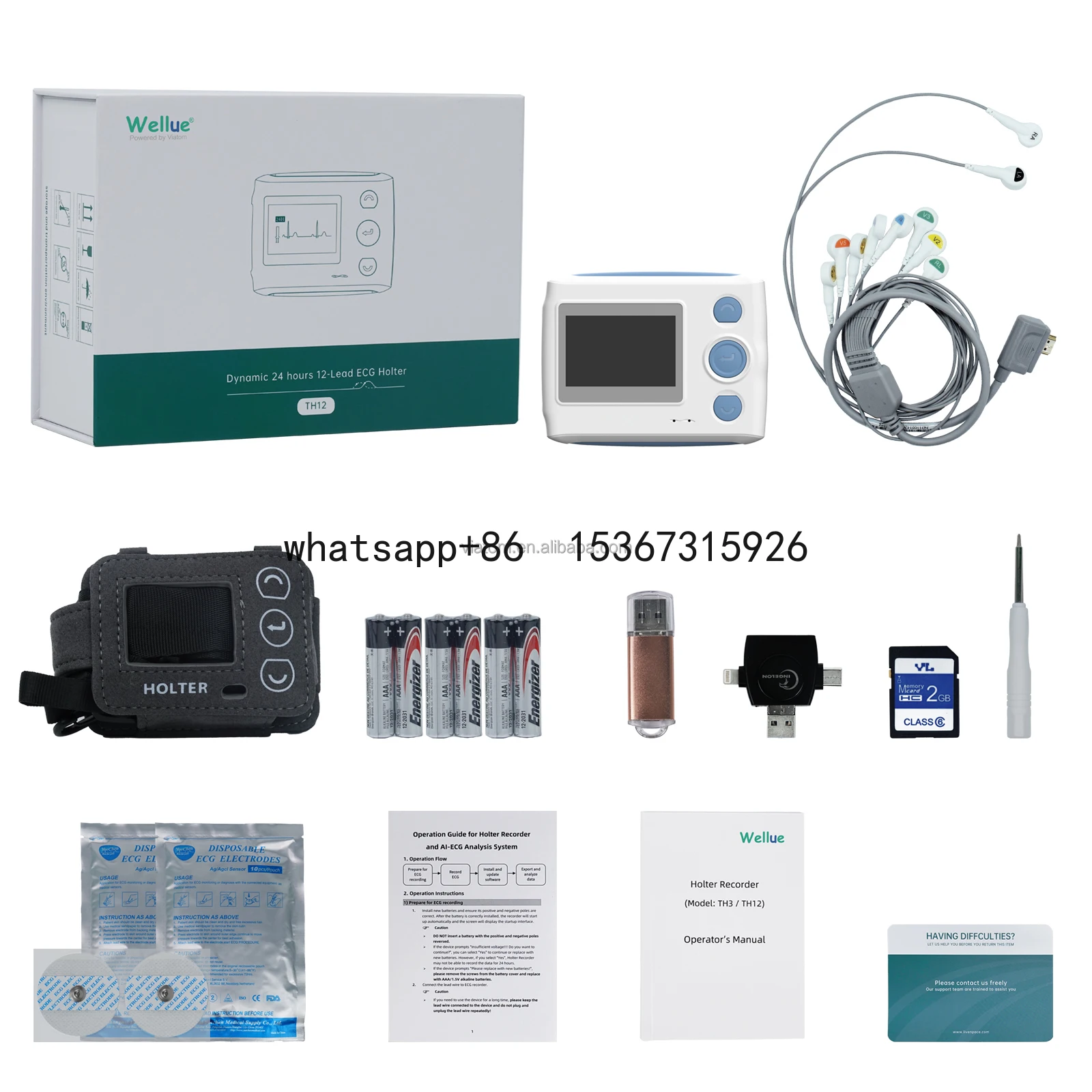 Viatom TH12 CE Certificated 24-hour Dynamic Electrocardiogram 12-lead Holter  With Pacing Check Function Ecg