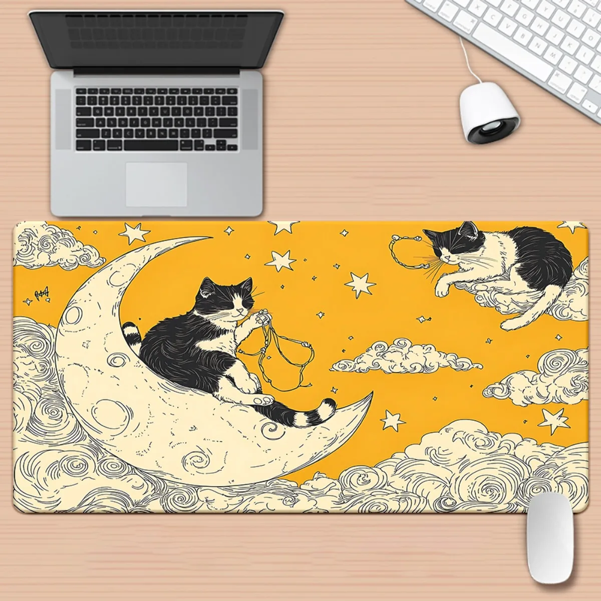 Cute cat mouse pad with moon clouds and tabby cat pattern on stars mustard yellow black and white game / desk pads for PC laptop