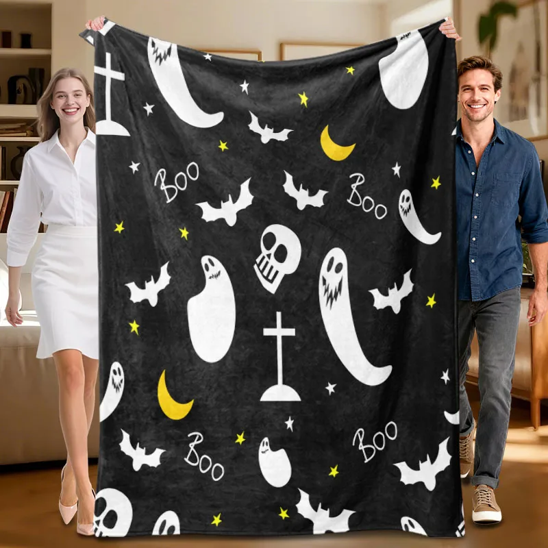 

1 piece Halloween-themed black flannel blanket with white ghosts, bats, and Boo prints, soft for sofa, bed, office, all-season u