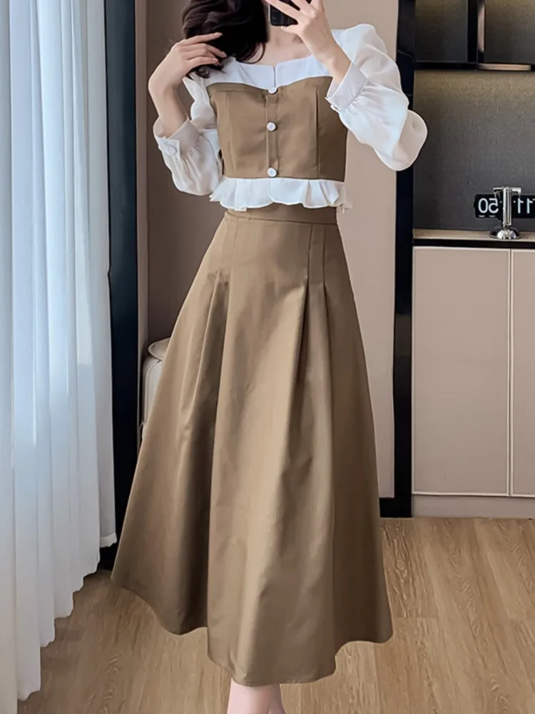 Women Elegant Short Coat A-Line Midi Skirt Suit Slim Korean New Fashion Female High Waist Long Sleeve Spring Summer 2 Piece Set