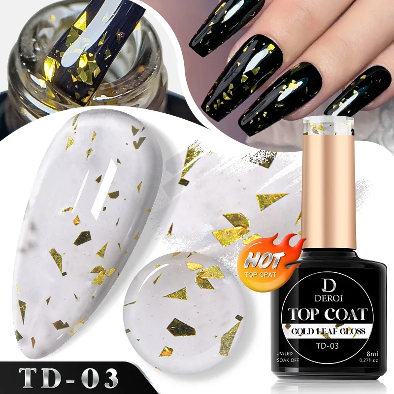 DEROI Top Coat Flash No Wipe Top Coat Glitter Sliver Glossy Topcoat Aurora Varnish Soak Off Flake UV Gel Polish Nail Art
