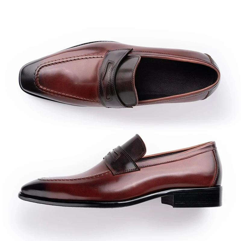 Leather Casual Men Shoes Genuine Cowhide Slip on Fashion Luxury Handmade Business Formal Dress OfficeShoe Wine Red