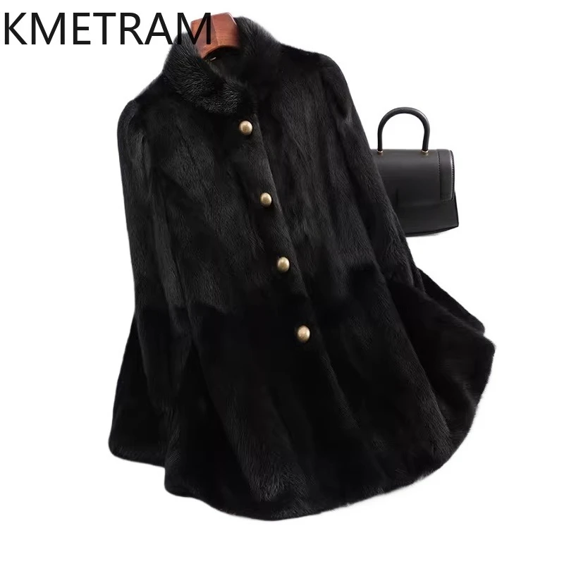 سترة نسائية من فرو المنك بالكامل من KMETRAM 100% بياقة واقفة متوسطة الطول معطف فرو منك حقيقي ملابس شتوية للنساء 2026 schuba femenarska