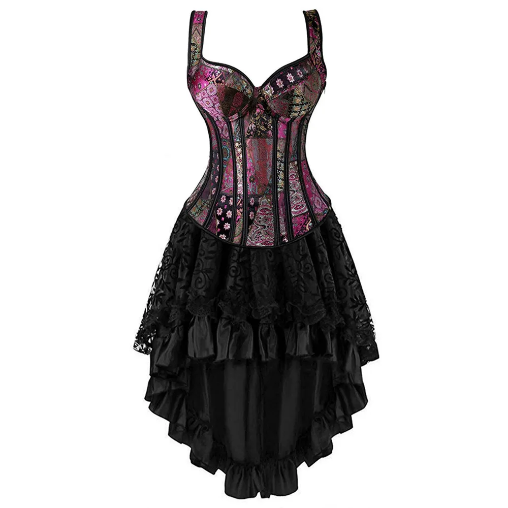 

Women Steampunk Corset Dress Gothic Faux Leather Corset Bustier Lingerie With Asymmetric Lace Skirt Set ballet Dance Costume