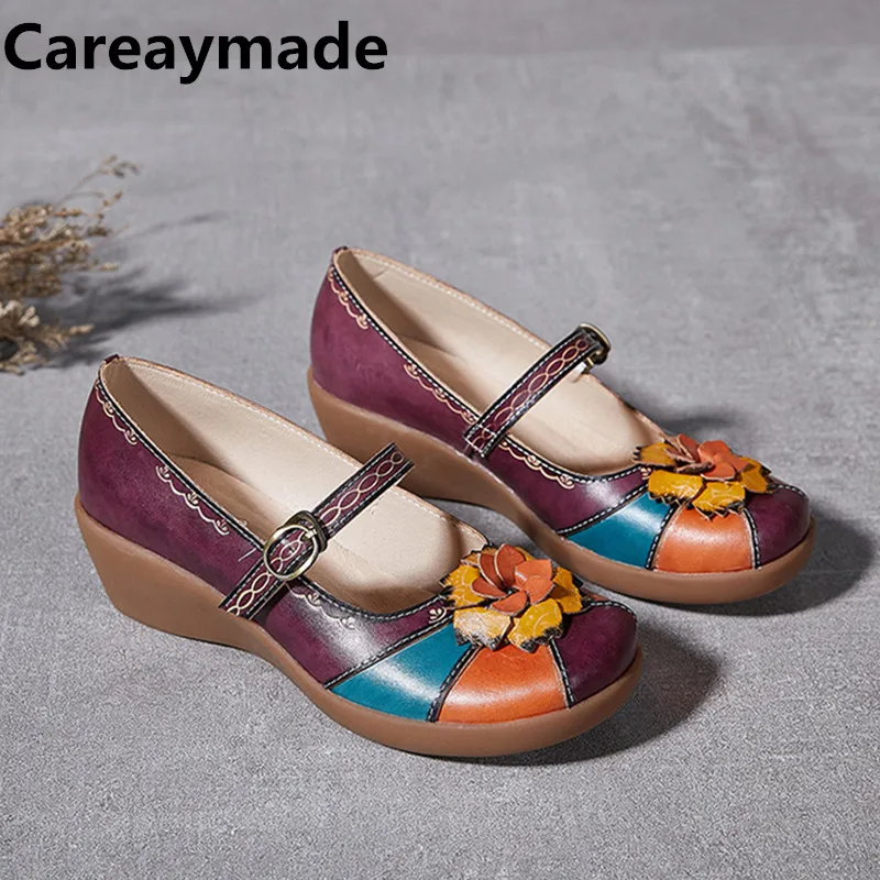 

Careaymade-Genuine Leather Folk style pure handmade Summer Cowhide Thick Sole Single Shoes Ethnic Candy Colors Women's Four Seas