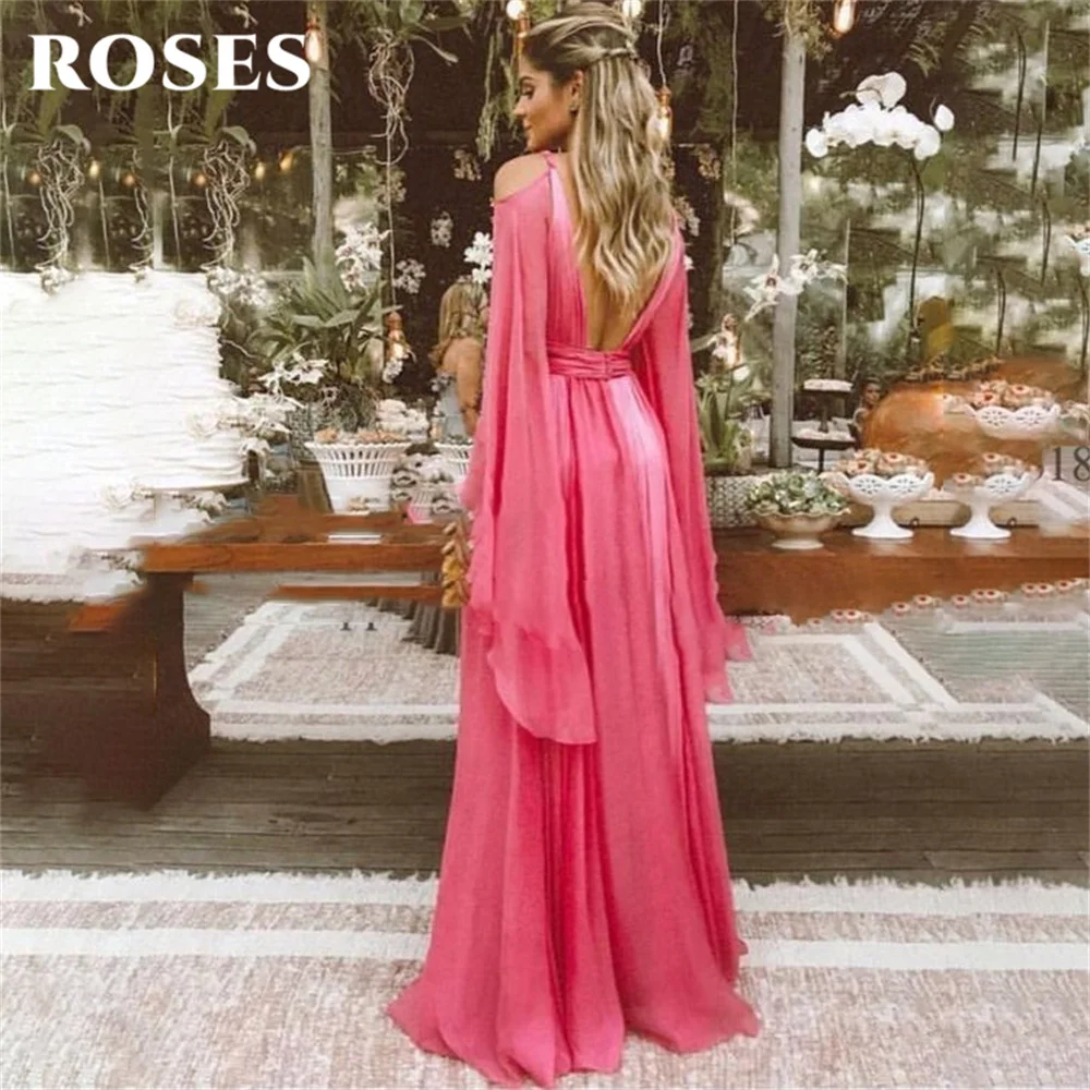 A Line Prom Dresses Long Sleeve Deep V Neck Backless Vestidos Chiffon Long Evening Dress Party For Women abiti da cerimonia