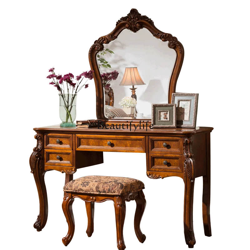 

American villa dresser solid wood bedroom furniture European dresser mirror makeup stool