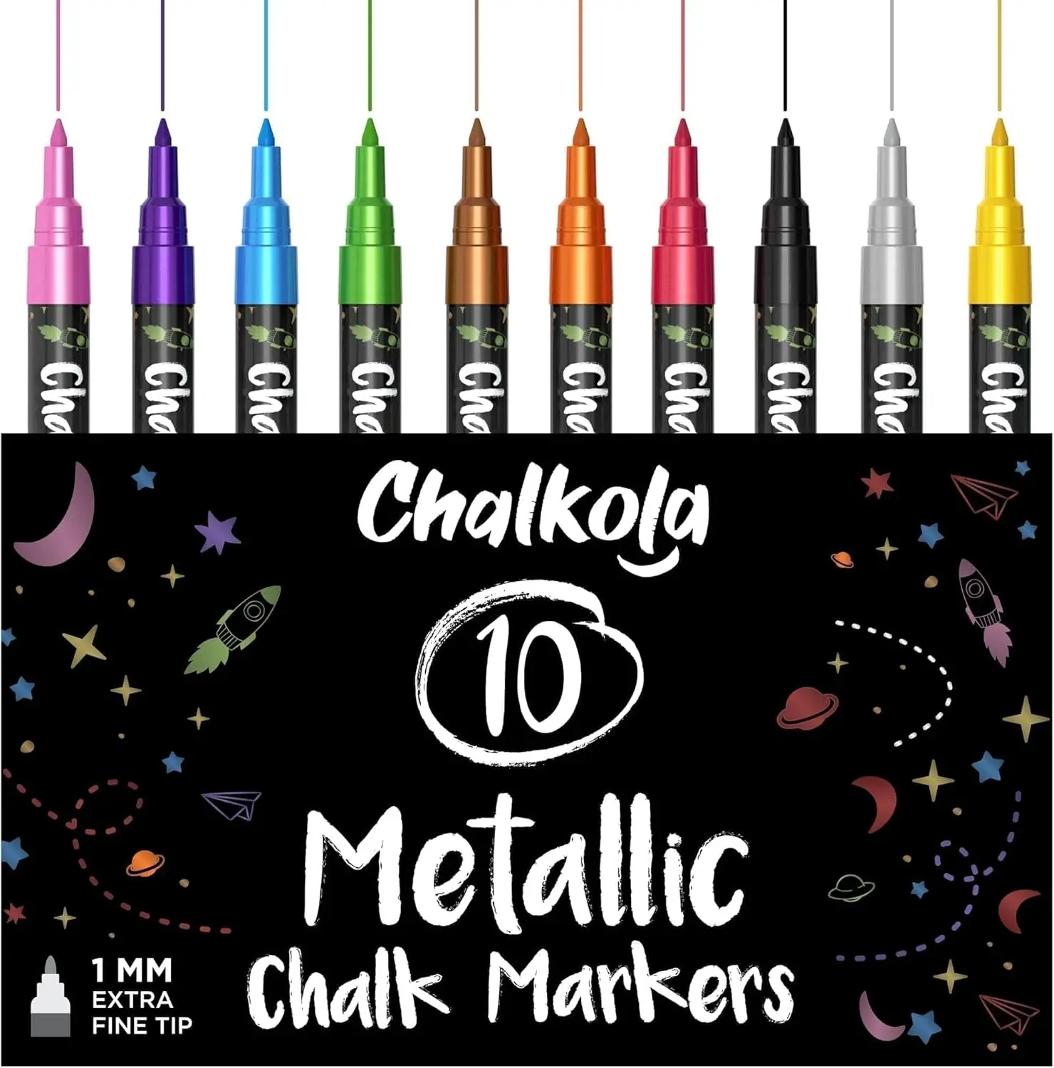 

Metallic Chalk Markers 10 Pack, Fine Tip 1mm - Liquid Chalk Pens for Chalkboard, Windows, Glass, Erasable Wet Erase