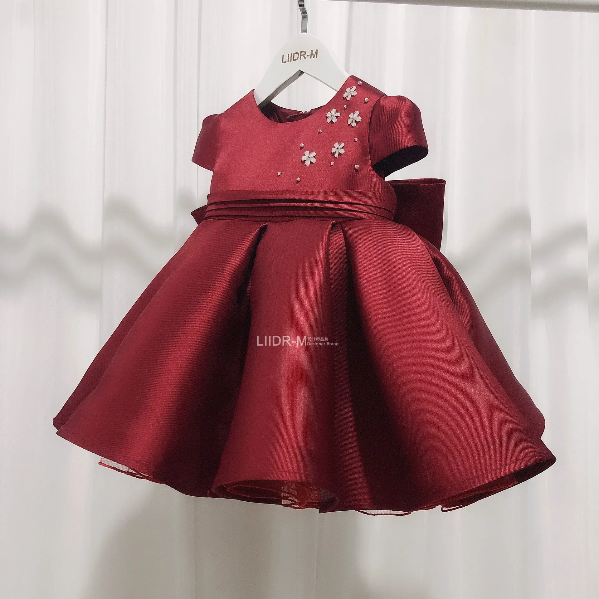 Wine Red Elegant Wedding Guest Satin Dresses Cute for Kids Girls Luxury Short Evening Gowns Birthday Party Children Eid Dress