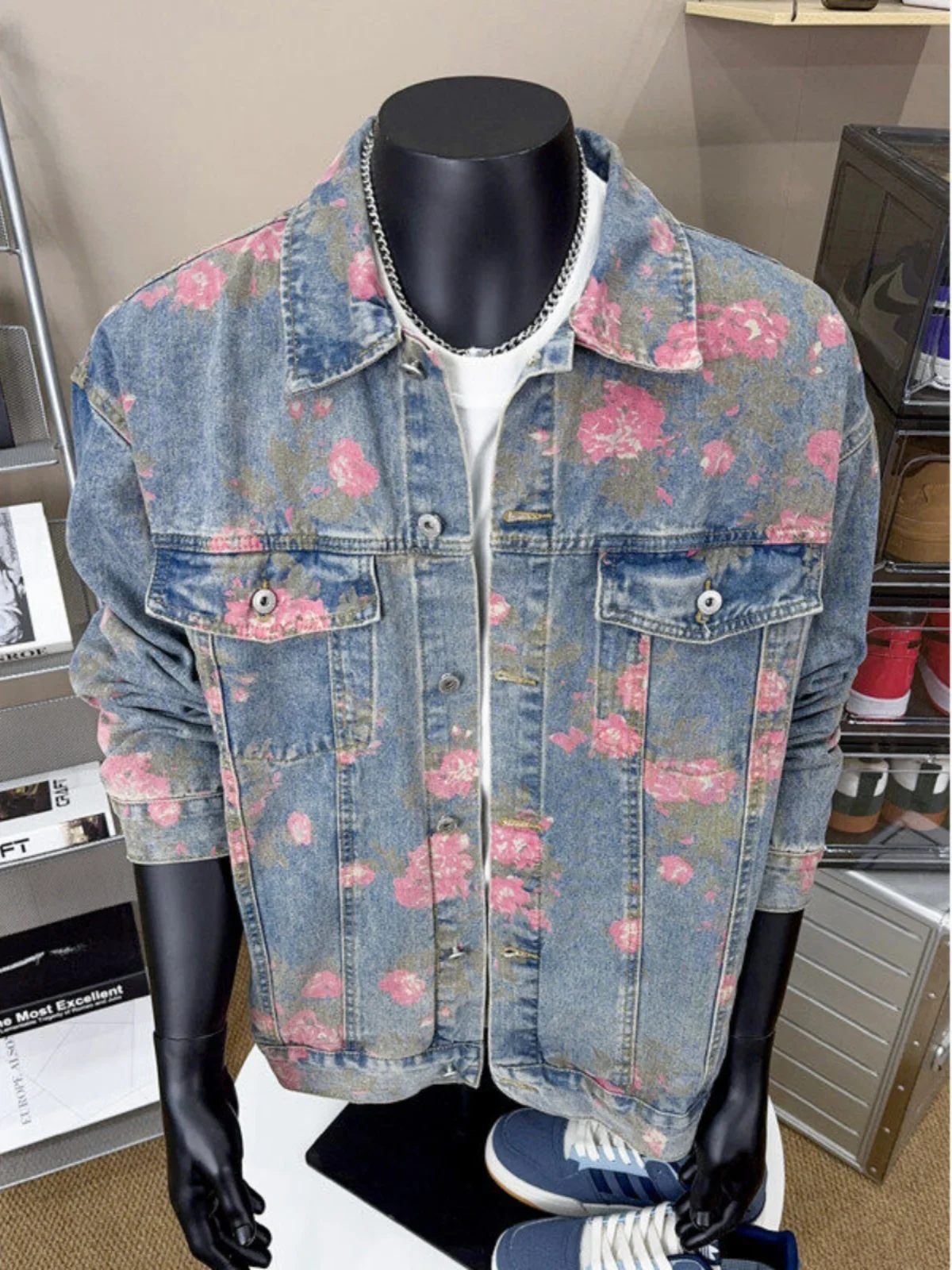 

New Chinese Sle Sakura Denim Jaet Men's Spring Autumn American Retro Design Cool oulder High End Feeling Haome Jaet