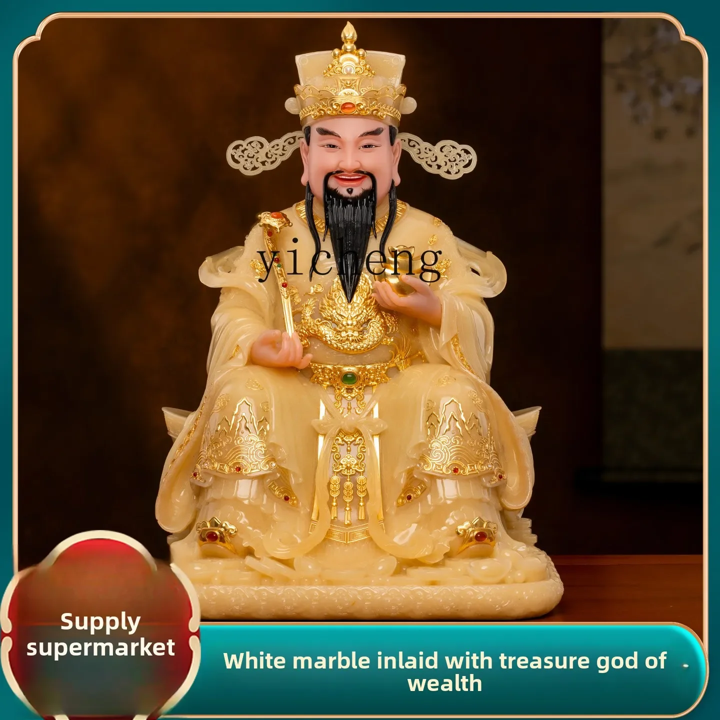 L7-14 marble God of Wealth painted text God of Wealth Buddha statue home offering Bigan statue shop company lucky ornament