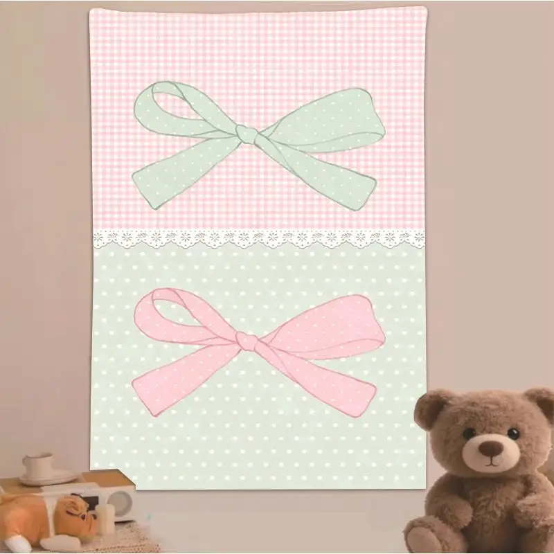VIKAMA Bow Checkerboard Tapestry Wavy Ribbon Wall Hanging Sweet Bedroom Living Room Aesthetic Decor Polyester Backdrop