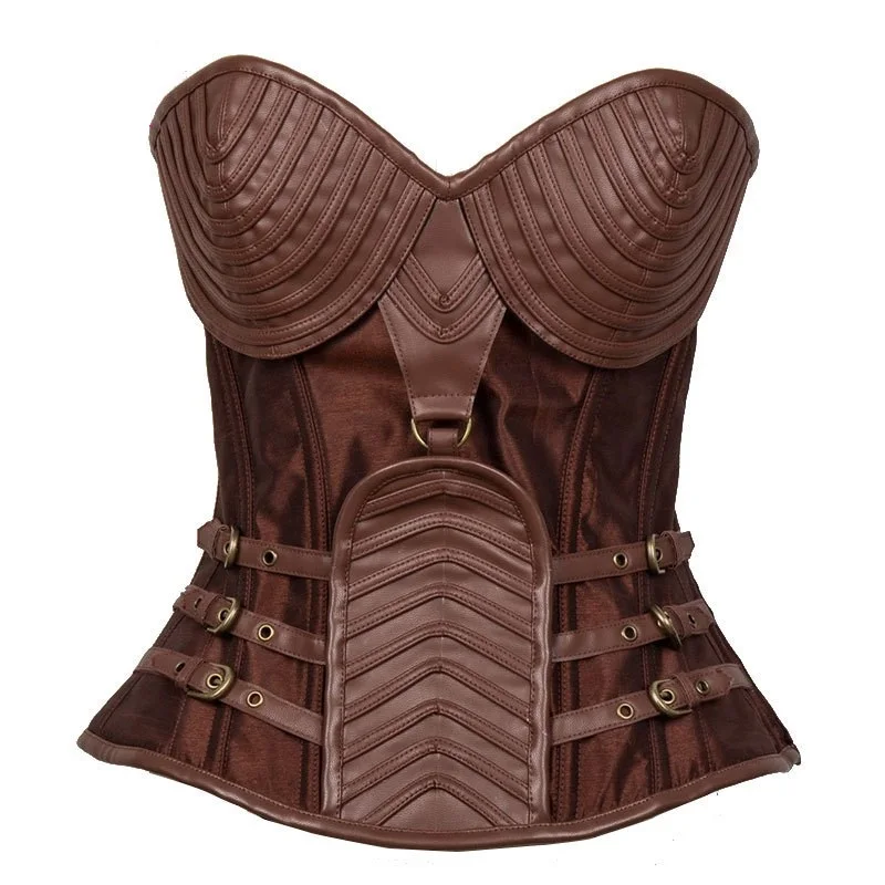 Women\'s Brown Vintage Gothic Corset Steampunk jacket Armor With Shoulder Burlesque Costumes Overbust Bolero steel boned corset