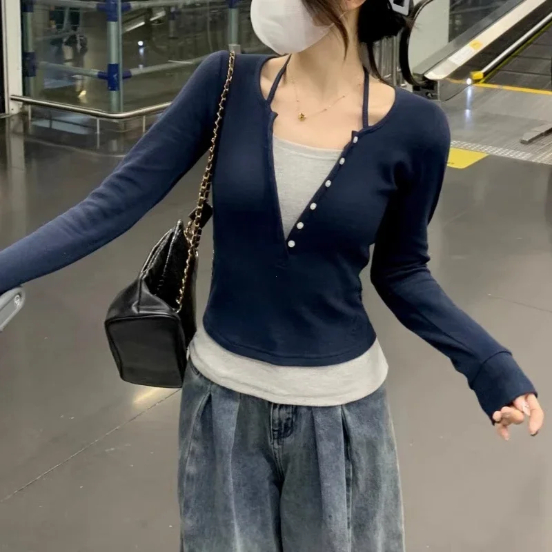 

Nice Y2K Fake Two Piece T-Shirt Women Fashion Patchwork Aesthetic Crop Tops Female Spring Summer Slim Fit Long Sleeve Tees