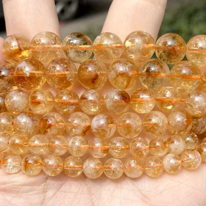 Natural Citrine Crystal Stone Beads For Jewelry Making Round Gemstone DIY Beads For Bracelet Necklace 15'' Puncture Beads