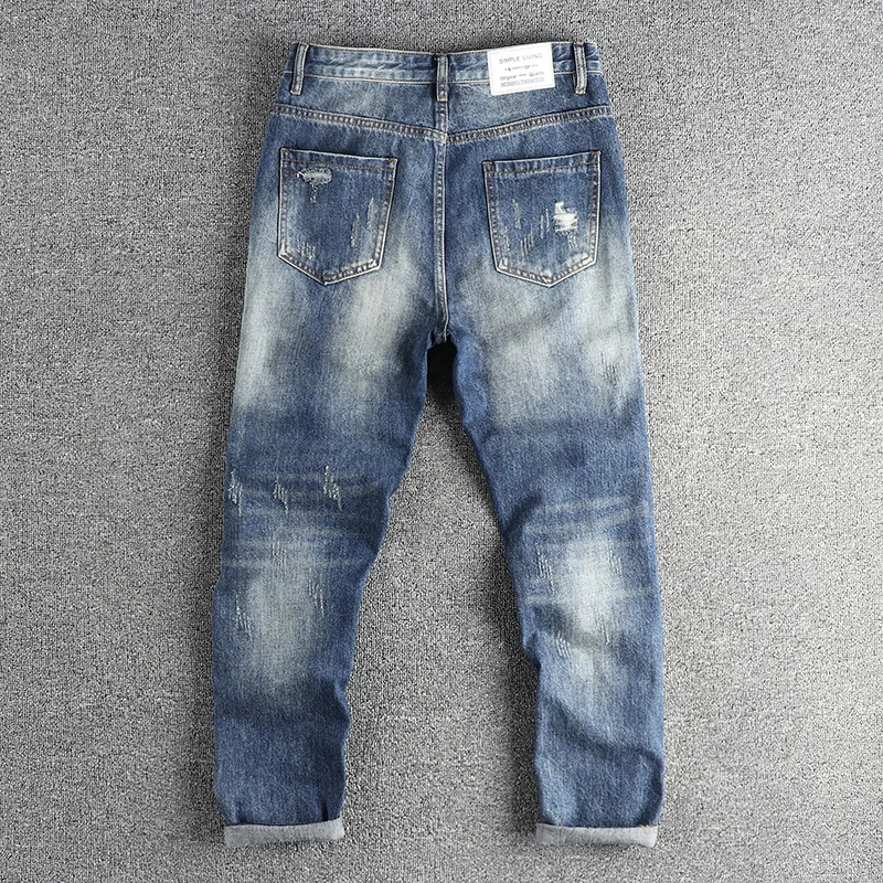 ผ้าฝ้าย 100% ฤดูร้อน Heavy ล้าง Ripped Hole Denim กางเกงยีนส์ผู้ชาย Slim Fit ขาตรงอเมริกัน Retro Cropped กางเกง