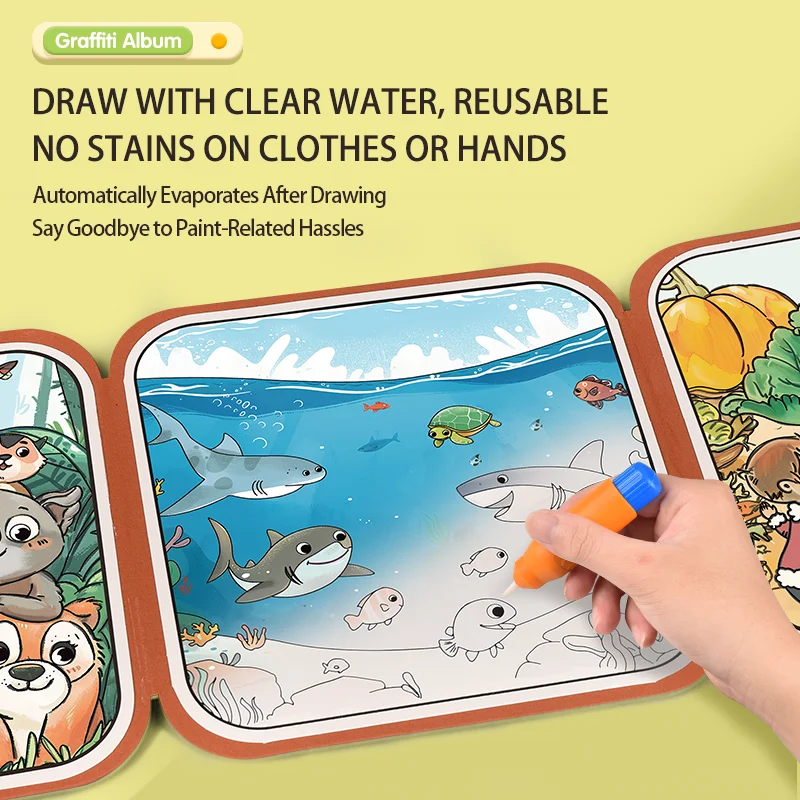 2-w-1 Książeczka do rysowania wodą dla dzieci i książeczka z kartkami do odrywania: Rysuj wodą, kreatywny prezent-zabawka do malowania dla niemowląt