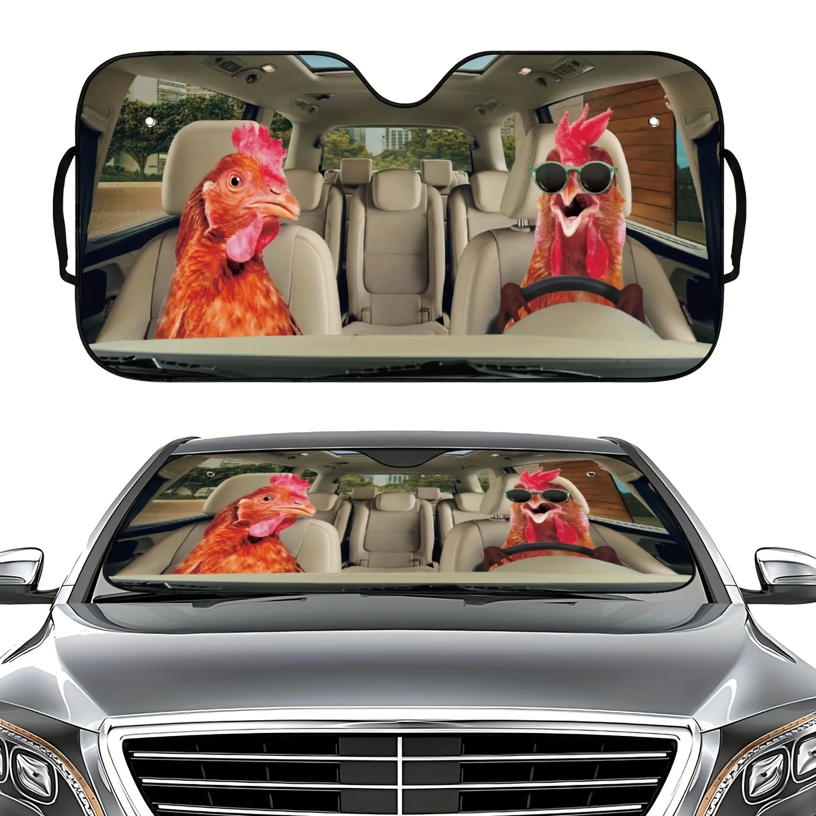 

1pc Funny Chicken Car Sun Visor With Cute Rooster & Hen Fashion Glasses Print - Fit Privacy Shade For, Trucks, SUVs - Easy Clip-