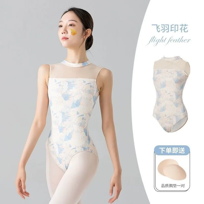 رداء رقص الباليه للنساء الكبار بلا أكمام مطبوعة الجمباز ملابس التدريب ثياب ملابس الرقص الإناث عارية الذراعين المرحلة الملابس #5