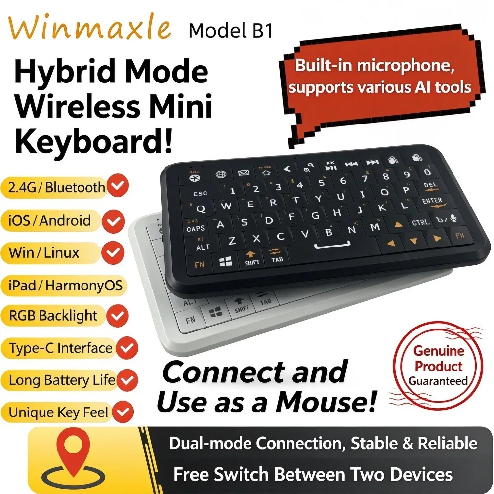 Winmaxle Model B1 Mini Keyboard Wireless Bluetooth Motion Sensing Mouse RGB Portable Mini AI Voice Keyboard Phone Keyboard Case